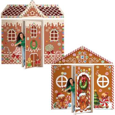 Imagem de Mindsoft 2 conjuntos de capas de porta de casa de pão de gengibre de Natal doces decorações de porta de Natal pano de fundo faixas suspensas na frente de Natal para decoração de festas de fim de ano