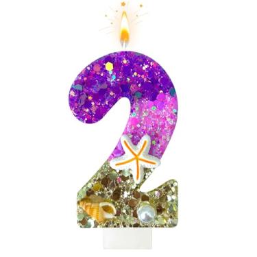 Imagem de Velas de aniversário, praia número 2 velas decoradas com conchas e pérolas para topo de bolo, adequadas para decorações de bolo de sereia, decoração de aniversário com tema de oceano (2 velas)