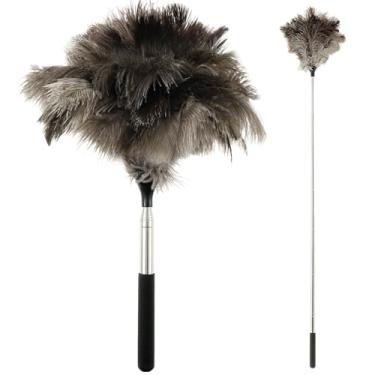 Imagem de Espanador extensível de penas de avestruz de 38 cm a 114 cm de altura ajustável com alça de silicone, ferramenta de remoção de poeira doméstica retrátil para limpeza de móveis, ventilador de teto (1