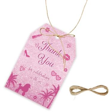 Imagem de 50 etiquetas rosa choque menina agradecimento, etiqueta de presente com glitter rosa com cordão para festa de aniversário, Poodle Thank You Paper Tags para chá de panela, lembrancinhas de festa