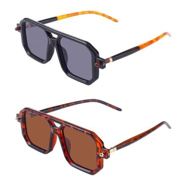 Imagem de Óculos de sol aviador quadrados retrô premium com lentes de vidro planas para homens e mulheres, Cinza preto + marrom leopardo