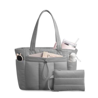 Imagem de TOPDesign Bolsa feminina com porta-copos, compartimento para laptop, bolsa de cosméticos e bolsa de carrinho para trabalho, viagens, Cinza, Medium, Casual