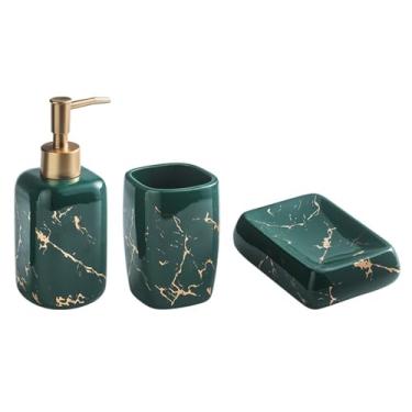 Imagem de Dispensador de sabão Conjunto de 3 produtos higiene pessoal para banheiro, incluindo: dispensador loção e sabonete, copos para enxaguatório bucal saboneteira(Green)