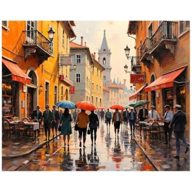 Imagem de Kit de pintura City Street por números para adultos – DIY Dia chuvoso com guarda-chuvas pintura em tela 40,6 x 50,8 cm, conjunto de tinta acrílica, adequado para iniciantes, arte urbana para decoração