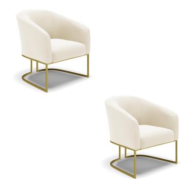 Imagem de Poltrona Decorativa Base Industrial Dourado Kit 2 Stella Veludo Bege D03 - D'Rossi