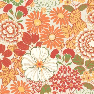 Imagem de Vintique Papel de parede Boho para parede floral removível impermeável laranja/verde/amarelo papel de contato para quarto, banheiro, parede de casa 43,9 cm x 299,7 cm