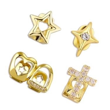 Imagem de YAFIYGI 4 peças Grillz para mulheres, douradas, joias, dentes, grelhas douradas, com pedras preciosas, desenhos de dente único e lacuna, coração vazado, cruz, estrela e hip hop, joias masculinas