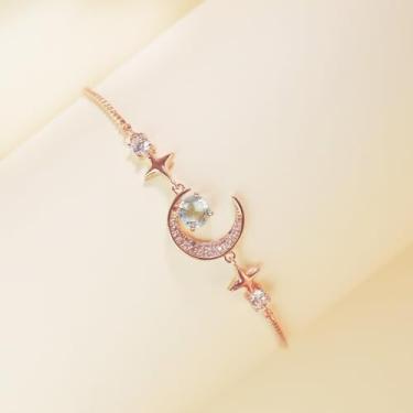 Imagem de Pulseira feminina com estrela e lua incrustada com pingente de água-marinha hipoalergênica grossa banhada a ouro não mancha, presentes de Natal 16 + 5 cm, Medium, Cobre, Zircônia cúbica