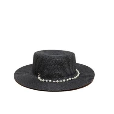 Imagem de Chapéus de sol femininos de palha de verão panamá elegantes Fedoras de palha para férias ao ar livre chapéu de praia preto M56 cm-58 cm