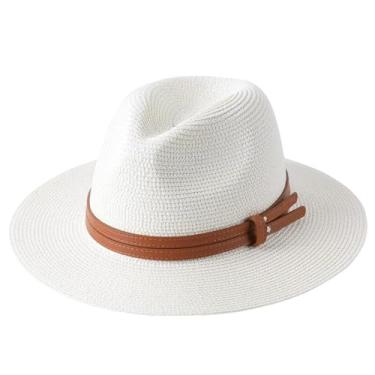 Imagem de Chapéu de palha Panamá de verão masculino e feminino, aba larga, proteção UV, chapéu Fedora de sol branco1 L59-60 cm