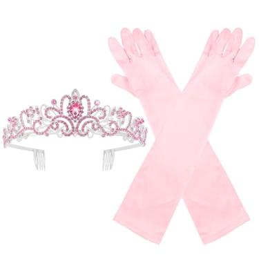 Imagem de Brimekichio Tiara e luvas para meninas, crianças, coroa de princesa e luvas longas de cetim para meninas, acessórios de princesa de Halloween para crianças, rosa