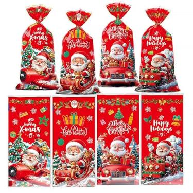 Imagem de 50 peças de sacos de presente de Feliz Natal – Feliz Natal, Papai Noel, boneco de neve, sacos de plástico com laços torcidos, sacolas de lanche de biscoito doce para decorações de festa, embrulho de