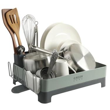 Imagem de Gibson Home Nestcraft Escorredor de pratos resistente à ferrugem de tamanho completo com placa de drenagem e suporte de talheres - Verde
