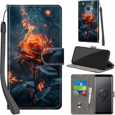 Imagem de Salanheo Capa carteira para Samsung Galaxy S9, com [3 compartimentos para cartões], fecho magnético com suporte, capa protetora flip de couro PU à prova de choque 14,7 cm, Burning Roses