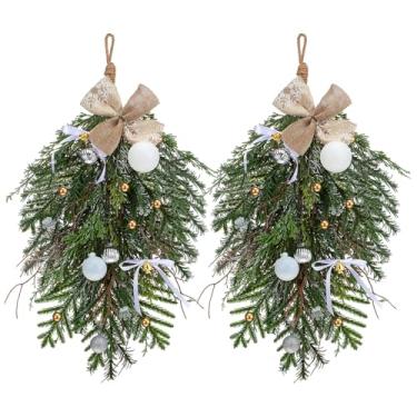 Imagem de Chuangdi 2 peças de guirlanda artificial de Natal com cachos de arco de serapilheira bola de Natal para casa de fazenda e agulhas de cipreste falso, guirlanda de gota para porta de Natal, lareira