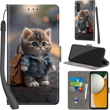 Imagem de Salanheo Capa carteira para Samsung Galaxy A15 4G / A15 5G, com [3 compartimentos para cartões], fecho magnético com suporte, capa protetora de couro PU à prova de choque 16,5 cm, gato