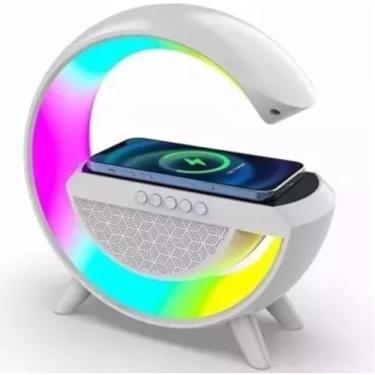 Imagem de Luminária Smart Station 3 em 1, Alto-falante Bluetooth com Carregamento Sem Fio, Projetor RGB, Branco, 24x23x8cm, Função Despertador