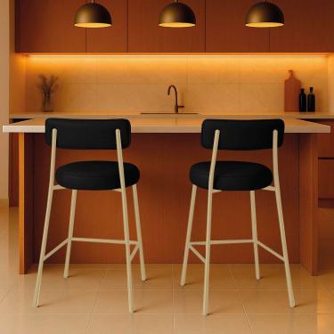 Imagem de Banqueta Cozinha Média Com Encosto Industrial Champanhe Kit 2 Londres Pu Preto D03 - D'rossi