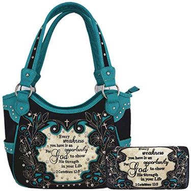 Imagem de Bolsa bordada com versículo da Bíblia 2 Corinthians 12: 9 Bolsa Escritura Western Bolsa Feminina Bolsa de Ombro Conjunto de Carteira, Black/Turq, Large