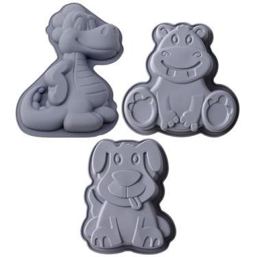 Imagem de Hyoocct 3 pacotes T-Rex, Dod, forma de bolo de silicone em forma de sapo, molde antiaderente para eventos temáticos de zoológico e festas de aniversário (cinza)