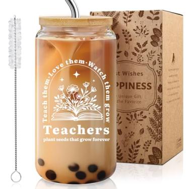 Imagem de MOREYUYEE Copos de vidro para professores presentes para mulheres, lata de vidro de 473 ml com tampa e palha, professores plantam sementes que crescem para sempre, presente para agradecimento de