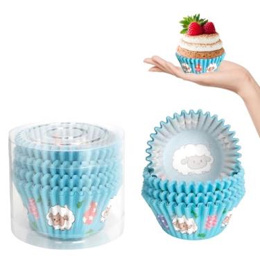 Imagem de Kiopdse Forros de cupcake de Páscoa, suprimentos de panificação, forros de muffin, decorações de bolo, mini formas de muffin de doces para pastelaria, trevo de cordeiro, azul, envoltórios de papel
