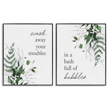 Imagem de Stupell Industries Conjunto de arte giclée emoldurado branco de 2 peças de banho de espuma com folhagem florestal, design por Lettered and Lined, 20 x 16