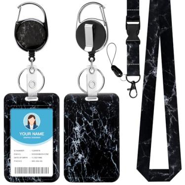 Imagem de Soleebee Porta-crachá de identificação com cordão, emblemas de identificação fofos de mármore preto e cordão destacável, chaveiro retrátil, carretel de crachá resistente para enfermeiras, estudantes