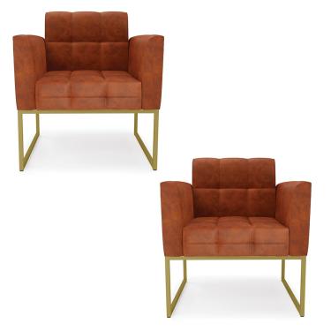 Imagem de Poltrona Sala Decorativa Kit 2 Elisa Industrial Dourado Sintético Pu Nozes D03 - D'Rossi