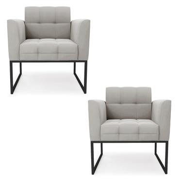 Imagem de Kit 2 Poltronas Elisa Veludo Cinza Base Metálica Industrial Preto D03 - D'Rossi