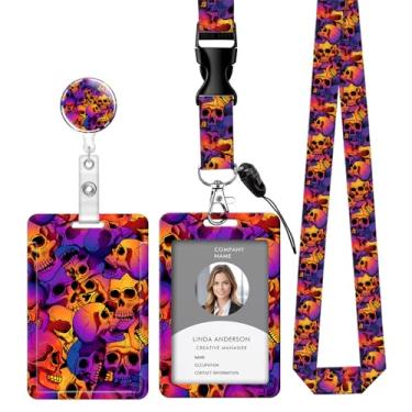 Imagem de Cordão retrátil para crachá de identificação com clipe e chaveiro, ajustável, bonito carretel durável, perfeito para mulheres enfermeiras, professoras, trabalhadoras de escritório (caveira gradiente)