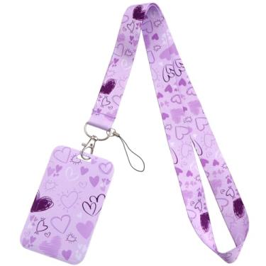 Imagem de Cordão roxo para crachá de identificação para chaves de crachá de identidade, suporte de cartão de coração fofo, chaveiro de identificação para mulheres, crianças, meninas, enfermeiras, professoras