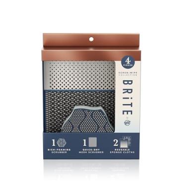 Imagem de Brite by Scotch-Brite Coleção de 4 peças de limpeza e limpeza com 1 esfregão de pratos com espuma rica, 1 esfregão de malha de secagem rápida e 2 panos de esponja reutilizáveis