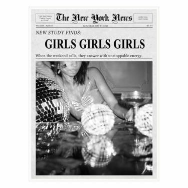 Imagem de Pôster de parede preto e branco para meninas bebendo champanhe, impressão em tela vintage moderna, decoração de carrinho de bar inspirado em jornal retrô para dormitório feminino banheiro - 28 x 35 cm