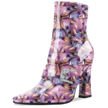 Imagem de Perisis Botas de cano curto, salto alto, grosso, preto, bico quadrado, fechado, curto, com zíper lateral, salto de 10 cm, padrão de crocodilo para mulheres e mulheres sexy, Patente floral-roxa, 8.5