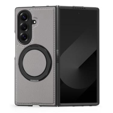 Imagem de ZYQEEE Capa magnética de couro para Samsung Galaxy Z Fold 7, compatível com Magsafe, capa protetora de couro PU fino e borracha à prova de quedas 360° com anel giratório - Galaxy Z Fold 7 cinza