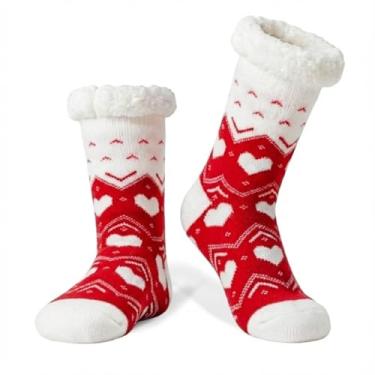 Imagem de LIGHT DOT Meias femininas de inverno com forro de lã de ovelha, estampa de coração nevado, antiderrapante, confortável, macia, quente, presente de Natal, Vermelho, 6-10