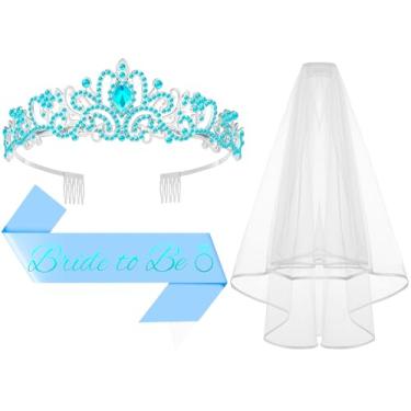 Imagem de Papoopy 3 peças de coroa de noiva para ser com faixa e véu para decorações de despedida de solteira, acessórios de chá de panela para presente, lembrancinhas - azul