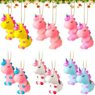 Imagem de Vinsot 12 peças de ornamentos de unicórnio de Natal 6 cores pendurado ornamento de árvore de Natal decoração de unicórnio para unicórnio aniversário de Natal suprimentos para festa de Natal