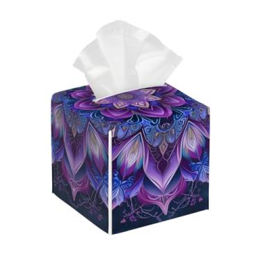 Imagem de Porta-lenços de couro quadrado impermeável mandala étnica roxa psicodélica facial organizador de papel com cinto inferior cubo estojo de lenços para mesa, banheiro, escritório, mesa, carro, decorativo
