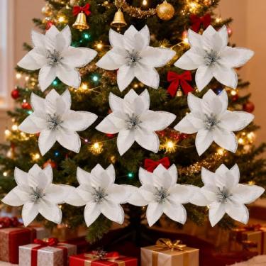 Imagem de 10 peças de flores artificiais de Natal, ouro, vermelho, enfeites de árvore de Natal, festa de ano novo, guirlanda, presentes de Noel (prata)
