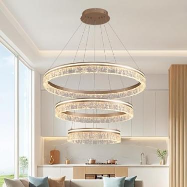 Imagem de Lustre LED moderno com corpo em acrílico texturizado com detalhes dourados, luminária pendente grande para sala de estar, restaurante, com intensidade regulável, ideal para ilha de cozinha,