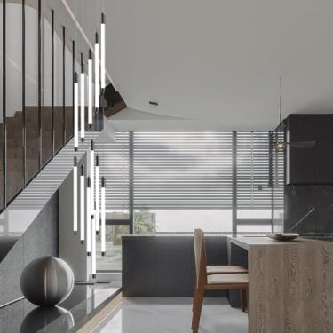 Imagem de Lustre moderno de teto alto, preto, com 12 lâmpadas LED em espiral grandes em formato de gota, luminária suspensa para hall de entrada, altura ajustável, ideal para escadas, saguão, sala de