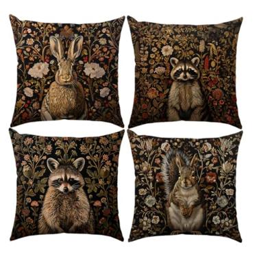 Imagem de BEWQ Capas de almofada vintage de guaxinim e coelho floral, 45,7 x 45,7 cm, conjunto de 4 fronhas quadradas de animais, flores, capas de almofada, casa, quinta, jardim, decoração de sofá