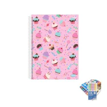 Imagem de Kit Caderno Feminino KBOM 10 Matérias 200 Folhas + Caneta Trigel Metálica 10 Cores + Marca Texto Lumini Pastel 6 Cores