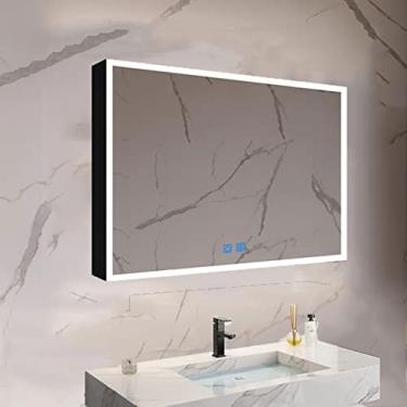 Imagem de SPXMQSS Armários de banheiro com luzes, armários de parede de banheiro inteligentes, anti-neblina contínuos, escurecimento para cima e para baixo, luz ambiente com prateleiras armários de banheiro