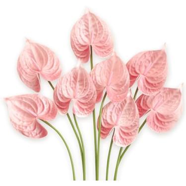 Imagem de MOEFAL Plantas artificiais de antúrio, 8 peças, flor de enchimento de poliuretano, hastes de vegetação sintética rosa para buquês de casamento e centros de mesa, arranjos florais falsos para chá de