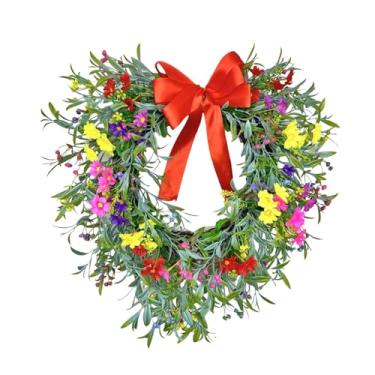 Imagem de IEUDNS Guirlanda em forma de coração, Guirlanda de gipsófila, para porta de entrada, de flores com laço para janela, Vermelho