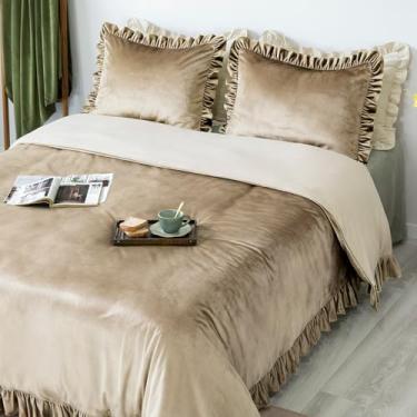 Imagem de GLORY SEASON Conjunto de capa de edredom de veludo, retrô, com babados, acabamento luxuoso, sólido, leve, camelo, fazenda, vintage, conjuntos de roupa de cama, fronhas combinando para decoração de
