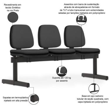 Imagem de Cadeira Longarina 3 Lugares Recepção Sala De Espera Work F02 Sintético Preto - Lyam Decor